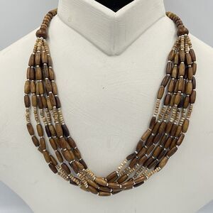 Vintage 90s Wood Bead Layered Twisted Boho Necklace Hippie Beach Statement 24"